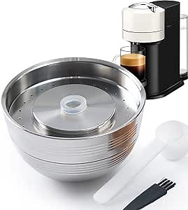 Stainless Steel Metal Coffee Capsule Compatible for V-ERTUO NEXT Machine Coffee Pods N-espresso Reusable Pods Holder (1 Metals Capsule +230ML Gold Plastic Capsule Shell +1 Spoon +1 Brush)