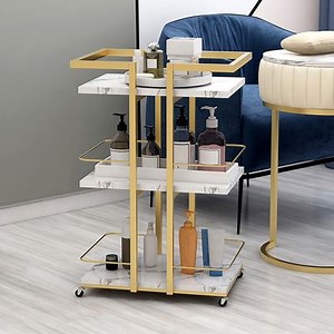 3-Tier Rectangular Rolling Bar Cart with Wheels Gold White Marble Shelves｜Homary