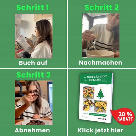 Du willst abnehmen, aber auch leckere 🎄 Weihnachts-Naschereien genießen? Feine Vanille-Kipferl, leckeres Schoko-Spritzgebäck oder himmlische Lebkuchen? 😋 Und dir nicht immer alles verbieten müssen, was lecker schmeckt 💃 Klingt gut, oder? Mit den weihnachtlichen Abnehmglück-Naschereien geht das 👍 Das sind 77 verdammt leckere Naschereien und jede Leckerei ist: ✅ Kalorienarm ✅ Zuckerfrei ✅ Fettarm 🚀 Top Nährwerte zum Abnehmen (Achtung: Deine Familie wird dir nichts übrig lassen, wenn sie die f