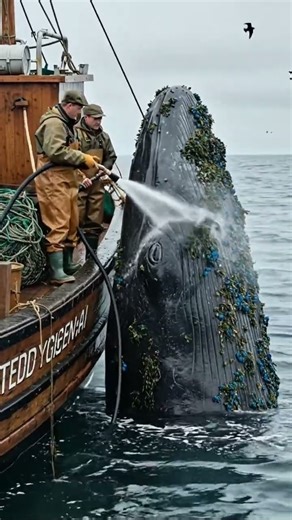 Fishermen give huge whale a power wash 🚿 #whale #fishermen #shorts