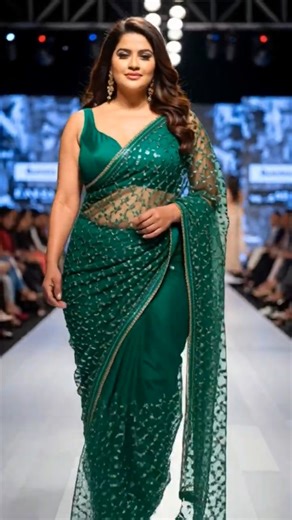 Green Glamour 💚 on the Ramp: Plus-Size Model's Stunning Saree Walk👗#shorts #sareelove #model #cute