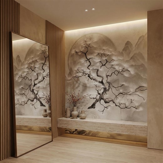 Japandi Pine Tree Mural: Asian Mountain Landscape Wall Mural, Zen Nature Wallpaper – WR129 - Etsy