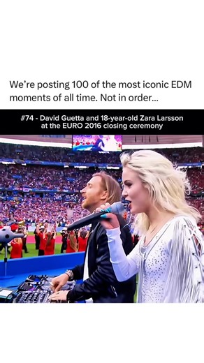 EDM Music on Instagram: "Follow (us) @EDMMUSIC for more edm content like this! 🪩🔥 David Guetta and an 18-year-old Zara Larsson lit up the EURO 2016 closing ceremony with “This One’s for You,” performing it live in front of nearly 80,000 people at Stade de France and millions more watching around the world. It became one of the biggest global stages EDM had ever touched, showing just how far dance music had crossed into mainstream culture. The performance helped launch Zara into worldwide recog
