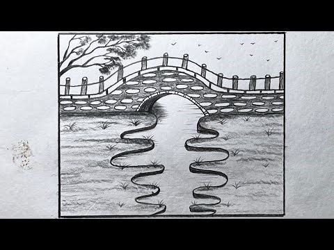How to draw bridge on river with pencil | easy bridge drawing