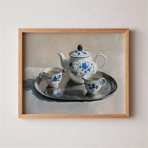 Vintage Porcelain Teapot Still Life - Classic Blue Floral Pattern, Cottagecore Tea Set Art, Neutral Farmhouse Decor - Etsy