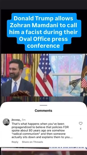 Joe Cooper on Instagram: "@kfcbarstool continues to lend credence to the false narrative that basic social democracy like we had from 1945-1975 in this country (the golden era of capitalism by many people’s definition) is somehow “radical communism”. When beer pong bros engage in politics it hurts all of us, educate yourself or stay in your lane doing pizza reviews… please and thanks. 🙏. #barstool #trump #maga #zohran #fyp"