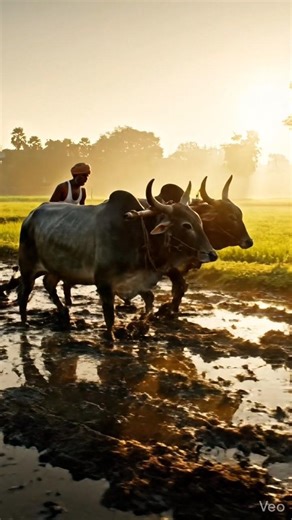 A peaceful cinematic village farming scene at sunrise. A farmer is plowing a wet field using two
