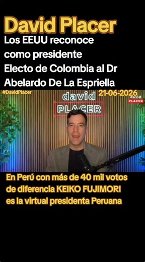 David Placer Los EEUU reconoce como presidente Electo de Colombia al Dr Abelardo De La Espriella En Perú con más de 40 mil votos de diferencia KEIKO FUJIMORI es la virtual presidenta Peruana #SentimientoLlanero #MariaCorinaMachado #EdmundoGonzalezUrrutia #VenezuelaTierraDeGracia #VivaVenezuelaLibre La lucha de los venezolanos no se detiene* Venezuela clama justicia. Clama por sus presos políticos, hombres y mujeres que hoy están tras las rejas solo por pensar distinto, por alzar la voz, por defe
