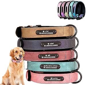 Custom Dog Collars,Reflective Leather Dog Collar Personalized Engrave Nameplate Adjustable Sizes for Small Medium Large Dog（Khaki,M）