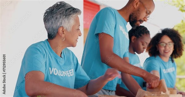 People volunteering, packaging food and donation for community service, poverty support and NGO management. Nonprofit, senior woman or group with groceries, helping outdoor or team in charity project