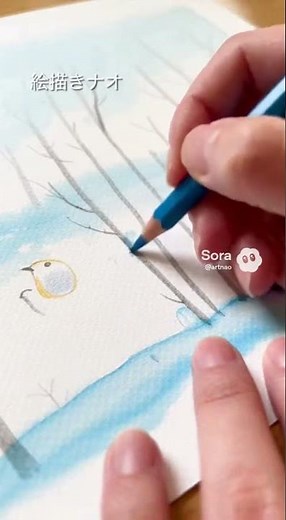 【15秒で完成】雪の森で遊ぶ小鳥たち｜やさしい水彩色鉛筆の冬アート