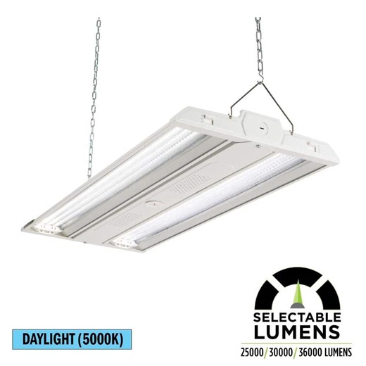 Check The Home Depot's Q&A Before Buying: Commercial Electric 28 in. 1000-Watt Equivalent Linear White LED High Bay Light, Adjustable Beam, Selectable Lumens, 5000K Daylight Dimmable