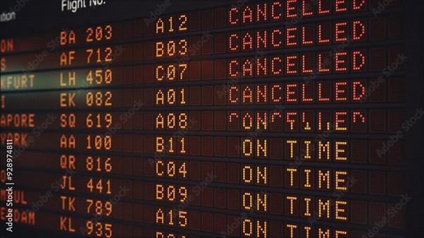 Airport departure board displaying Flight cancellations statuses. Illustrates real-time airport operations and potential travel disruptions. Ultra HD 4K 3D animation