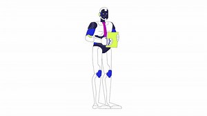 Robot office worker cartoon animation. Futuristic corporate assistant technology 4K motion graphic. Robotics tie employee holding paperwork animated 2D character isolated on white background