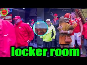 Travis Kelce hugging Fiancé Taylor Swift in the Chiefs' locker room after their loss Chargers