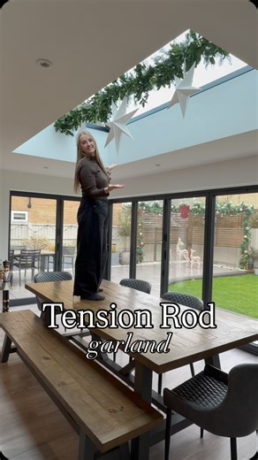 TENSION ROD GARLAND ✨ Here’s one of my favourite things to do at Christmas! Grab a tension rod and use it in your skylight, above doors, windows with beams or between doorways! It effortlessly brings some Christmas joy to the space 😍 Instead of wrapping the garland round the pole, I used gardening twine and hung it to the bottom of the pole as you wouldn’t see the top. This also secured it in place! 🙌🏻 I used a 210-310 tension rod from Amazon. My garland I’ve had for a few years and it’s batt