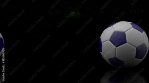 3d design of football balls on the dark background. Looped animation of rolling soccer balls from leather on the universe and stars background.