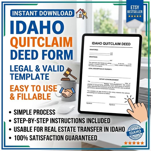 Idaho Quitclaim Deed PDF Template | Editable ID Deed Form | County Recorder Ready + Transfer Tax Form | Instant Download - Etsy