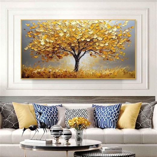 Peinture à l'huile abstraite texturée or grand arbre sur toile, art mural 3D avec couteau à palette, art arbre de vie original, décoration de salon - Etsy France