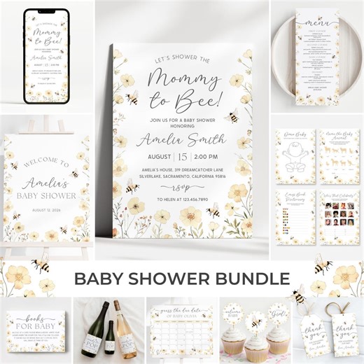Bee Baby Shower Invitation Bundle | Mommy to Bee Baby Shower Invite Set | Honey Bee Baby Shower Decor | Floral Bee Shower Game Pack | SB11 - Etsy