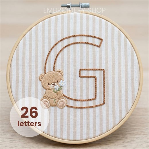 Teddy Bear Alphabet letters Embroidery Pattern Beginner Friendly Baby Name Hoop Art