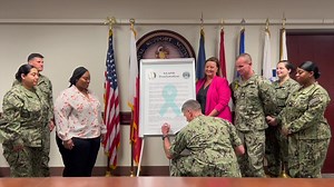 NSA Bahrain's commanding officer and members of the Sexual Assault and Prevention Response (SAPR) team join this month for a proclamation signing in observance of Sexual Assault Awareness and Prevention Month (SAAPM). The proclamation is a demonstration of our leadership's continued commitment to ensure that our service members, families and civilians both remain aware of SAAPM, as well as our installation's unwavering dedication towards strengthening a culture striving towards the elimination o
