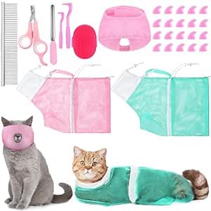 10 Pcs Cat Bathing Bag Set Pet Mesh Shower Bag Anti Bite and Scratch Pet Grooming for Washing Brush, Cat Muzzle, Nail Clipper, Nail File, Tick Tool(Blue and Pink)