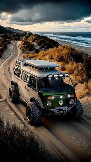 King's Campers on Instagram: "Volkswagen Type 2 4x4 “Jungle Raider” – AI digital design Beach-born and trail-tough, this VW T2 takes off-road adventure to the next level with massive lifted suspension, bold overfenders, and a luxury wood-trimmed camper interior built to chase every sunset. #volkswagenbus #vwcamper #4x4camper #overlandvan #vanlifemovement #customcamper #camperconversion #offroadlife #beachcamper #vaninterior #vanlifers #homeonwheels #vwtype2 #campervanbuild #overlandlife #vanlife