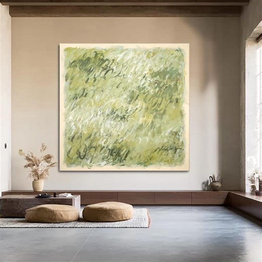 Large Scale Sage Green Abstract Canvas Art Contemporary line texture painting Neutral Tones Living Room Wall Art