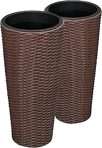 Balkene Home Noah Round Wicker Planter Tall Planter Decor Box for Adaptable Outdoor Furnishings All Weather Versatile Perfect Patio Herb Garden Living Space - 2 Piece Set - Mocha