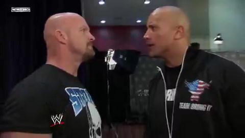 The Rock meets Stone Cold Steve Austin in a backstage segment for the first time in 7 years at Wrestlemania 27.