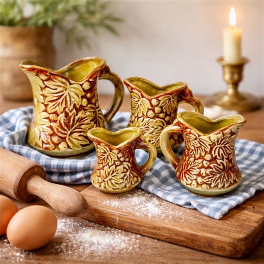 Vintage Japanese Ceramic Measuring Cups, Mino Yaki Grapevine Relief, Green Brown Glaze - Etsy