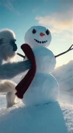 Yeti is having a good time building a snowman on top of a snowy mountain
