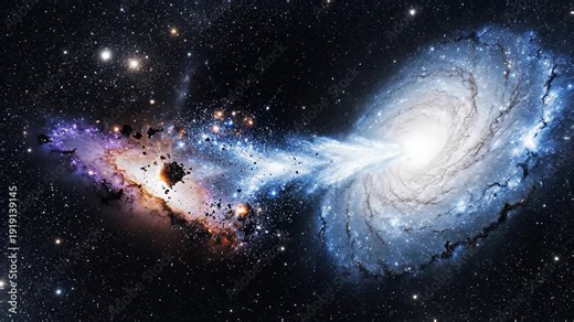 Two galaxies in cosmic collision, one emitting bright jets of gas and dust, while the other spirals with luminous stars and swirling arms in deep space