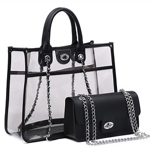 MKP Women Large Clear Tote PVC Purse Ladies Top Handle Shoulder Handbag Transparent Satchel 2 Pcs Bag Set