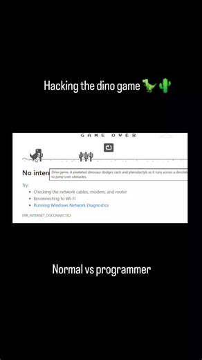 resources_tech on Instagram: "“Hacking the Dino Game” 🦖🌵 ➡️ Modifying the Chrome Dino game using browser developer tools to change gameplay—like speed, gravity, or invincibility—for learning, fun, and experimentation. 🦖💻 *************************** Code :- Runner.instance_.gameOver = function () {} Change game speed:- Runner.instance_.setSpeed(1000) Super jump:- Runner.instance_.tRex.setJumpVelocity(20) *************************** ❤️ LIKE this post if you learned something new! 💬 COMMENT yo