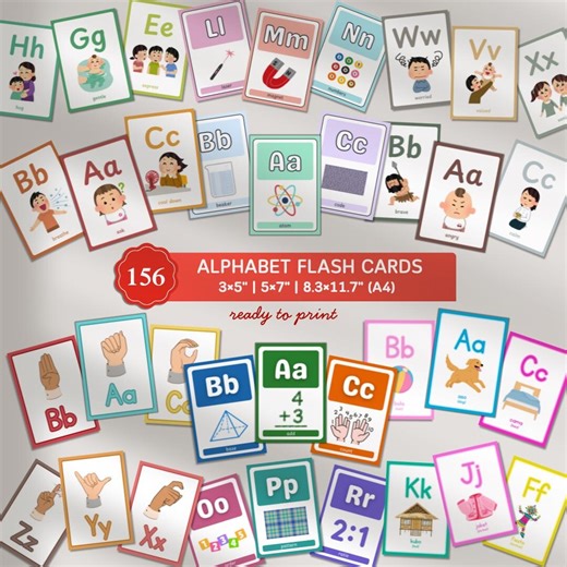 156 Alphabet Flash Cards Bundle: Montessori, Bilingual, Sign Language (ASL), STEM, Math, Emotion - Etsy