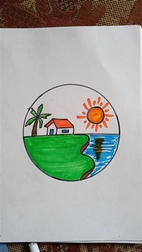 Easy circle scenery drawing with colour | Beautiful Cricle Art #art #drawing #youtubeshorts