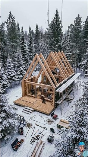 Building a Cozy A-Frame Cabin in the Snow in 30s!