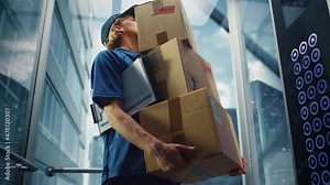 Young Delivery Person Riding Glass Elevator in Modern Office Building. Mail Courier Holding Cardboard Parcel Boxes. Handsome Mailman Delivering Fragile Packages in Business Center Lift.