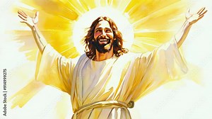 Jesus christ transfiguration in rays of holy light on top of the mountain painting art animation -- 4k stock video footage AI Stock Video