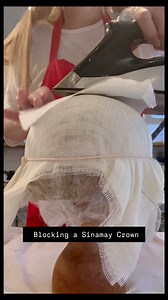 Here I’m in the process of blocking a sinamay crown on the bias. I’ve used a dome crown block and cut 4 squares of sinamay on the straight. My squares measure 12 inches. This will be is a shallow crown base that is suitable for a fascinator or saucer design. Once you have blocked your crown you can customize it to any design. I share this process in my video tutorial Custom Crowns which also shares the full process of blocking a base. It’s currently available at 50% off Tips: Wet the individual 