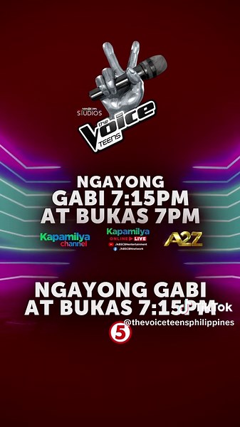 ✌️ NGAYONG GABI NA! The most-watched reality singing competition on Philippine TV returns! 🇵🇭 ABS-CBN Studios presents, #TheVoiceTeensPhilippines! Premieres FEBRUARY 17 and 18 on Kapamilya Channel, Kapamilya Online Live, A2Z, TV5, and The Voice Teens Philippines Facebook & YouTube channel.