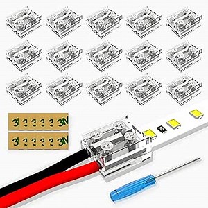 15 Pack LED Strip Connectors Solderless 2Pin 8MM Transparent LED Tape Light Connectors Tighten Screw Strip to Wire for COB/SMD LED Strip Lights 5V 12V 24V (with Screwdriver & 3M Adhesive)