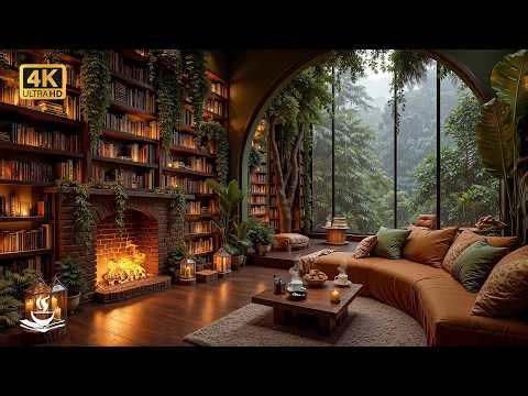 Verdant Atrium Library Jazz with Rainfall Glass | Long Reading Hours, Gentle Focus & Coffee Steam