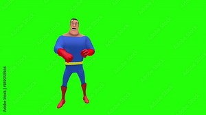 Intimidated terrified superhero strongman cartoon character rubs scratches right arm with left hand multiple times in front of green screen background