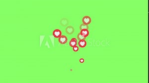 Red hearts isolated on green background move up 4k footage. Heart on green screen