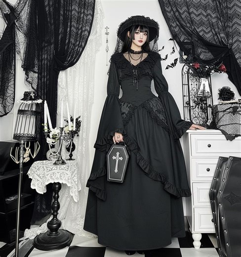 Victorian Gothic Mourning Dress, Black Ruffle Steampunk Gown, Dark Academia Vampire Costume, Medieval Renaissance Witch Dress - Etsy