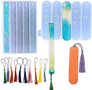 Szecl 2Pcs Holographic Bookmark Silicone Molds for Epoxy Resin 5 Cavity Bookmark Resin Mold with 10Pcs Tassels Snow Heart Pattern Epoxy Resin Casting Mold DIY Book Accessory Jewelry Making Tool