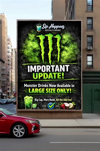 🔔 Customer Update from Sip Happens Specialty Drinks 🔔 Hey Sip Fam! 💙 After talking with our staff and reviewing some recurring issues, we wanted to share a small update moving forward. Due to the size and fluid ounces of Monster Energy cans, we’ve found that when they’re used in our regular size, there simply isn’t enough room to properly customize your drink—leaving very little space for ice or add-ins. We’ve also experienced multiple spills, and most importantly, it doesn’t meet the quality